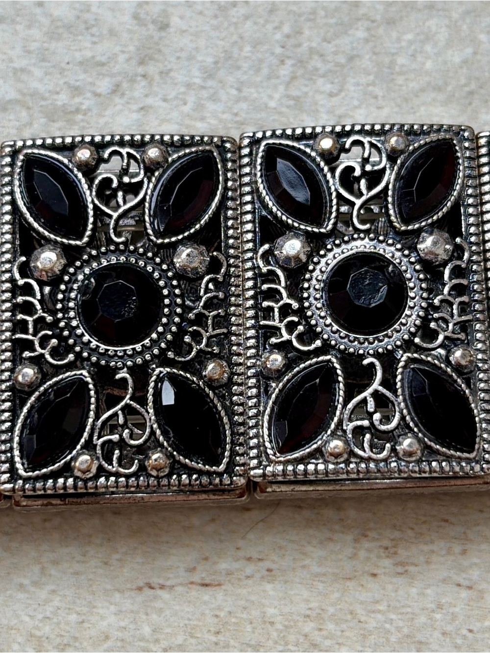 Silver-Tone Black Stone Filigree Stretch Bracelet - Picture 3 of 4